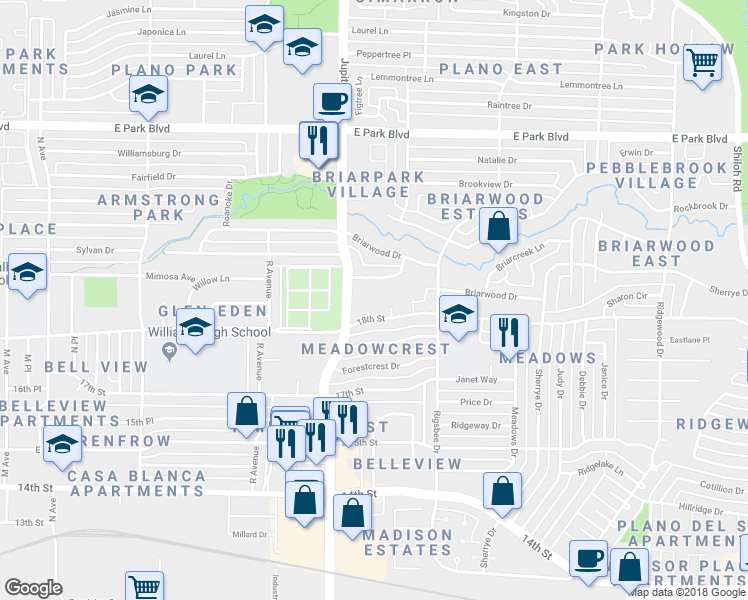 map of restaurants, bars, coffee shops, grocery stores, and more near 2404 Creekcove Drive in Plano