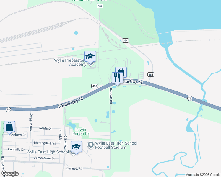 map of restaurants, bars, coffee shops, grocery stores, and more near 5767 Bennett Road in Wylie