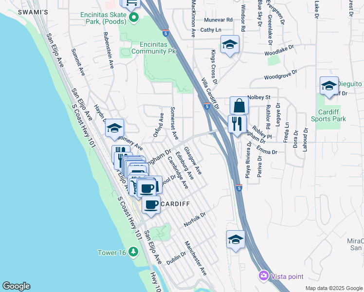 map of restaurants, bars, coffee shops, grocery stores, and more near 1927 Edinburg Avenue in Encinitas