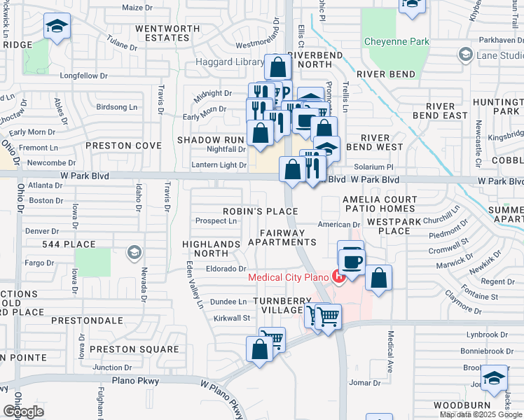 map of restaurants, bars, coffee shops, grocery stores, and more near 1900 Nest Place in Plano