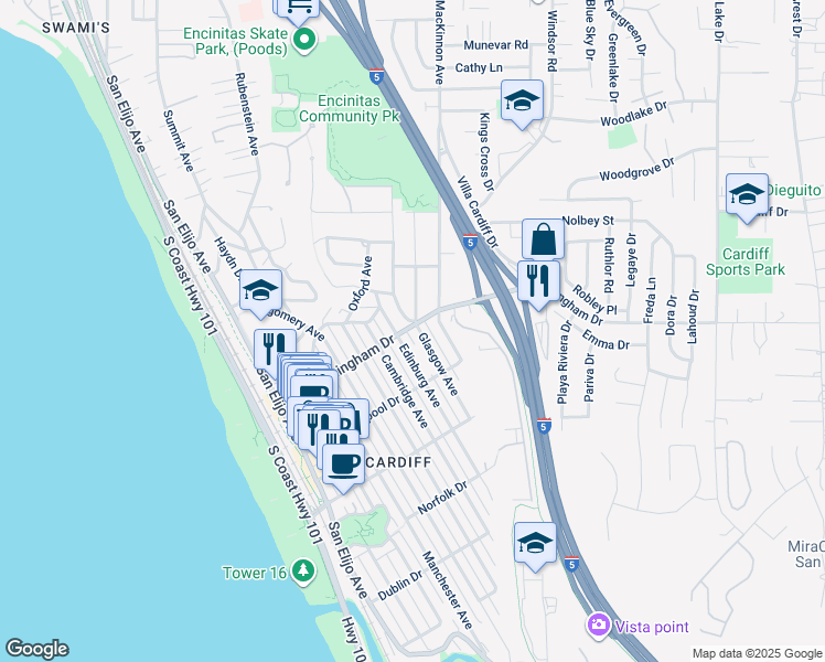 map of restaurants, bars, coffee shops, grocery stores, and more near 2004 Glasgow Avenue in Encinitas