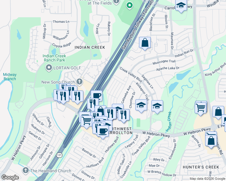 map of restaurants, bars, coffee shops, grocery stores, and more near 4249 Comanche Drive in Carrollton
