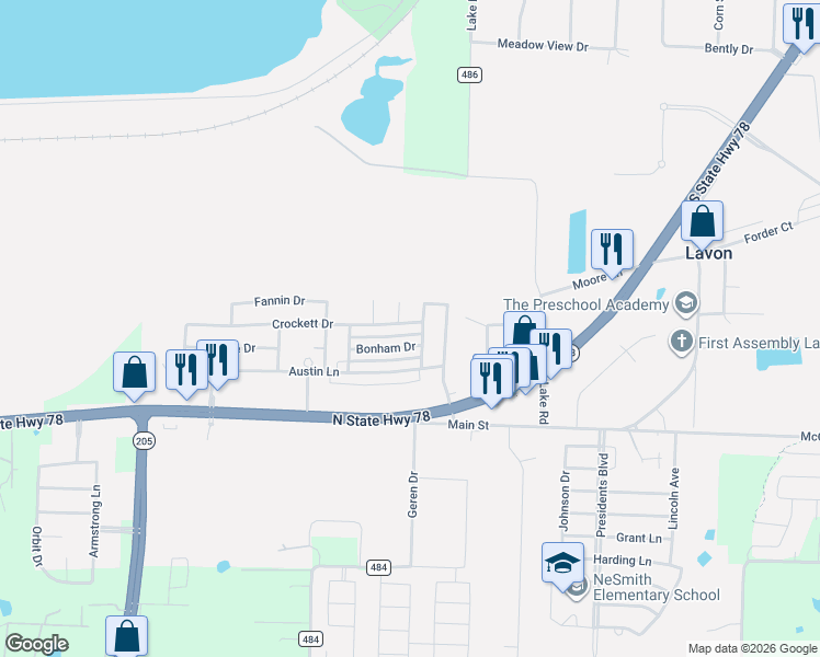 map of restaurants, bars, coffee shops, grocery stores, and more near 601 Crockett Drive in Lavon