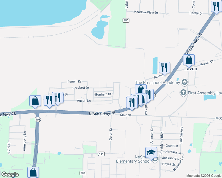 map of restaurants, bars, coffee shops, grocery stores, and more near 601 Crockett Drive in Lavon
