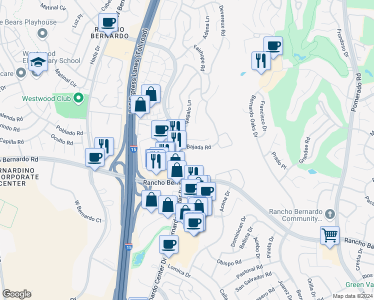 map of restaurants, bars, coffee shops, grocery stores, and more near 17193 Bernardo Center Drive in San Diego