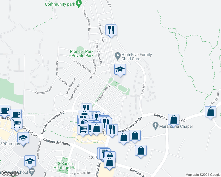 map of restaurants, bars, coffee shops, grocery stores, and more near 10512 Calle Tamarindo in San Diego