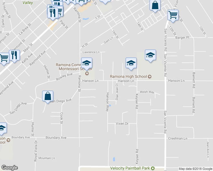 map of restaurants, bars, coffee shops, grocery stores, and more near 1718 Hanson Lane in Ramona