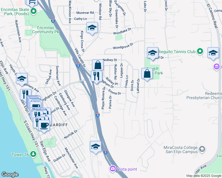 map of restaurants, bars, coffee shops, grocery stores, and more near 948 Emma Drive in Encinitas