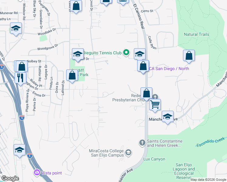 map of restaurants, bars, coffee shops, grocery stores, and more near 1823 Crest Drive in Encinitas