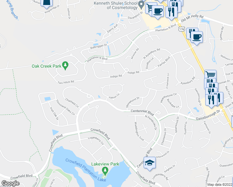 map of restaurants, bars, coffee shops, grocery stores, and more near 109 Adthan Circle in Goose Creek