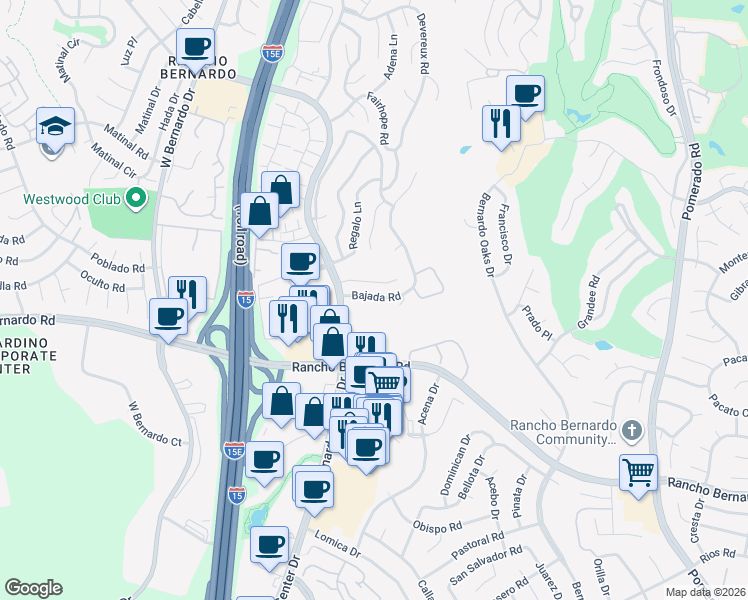 map of restaurants, bars, coffee shops, grocery stores, and more near 11933 Adorno Place in San Diego