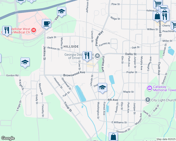map of restaurants, bars, coffee shops, grocery stores, and more near 705 Jefferson Street in LaGrange