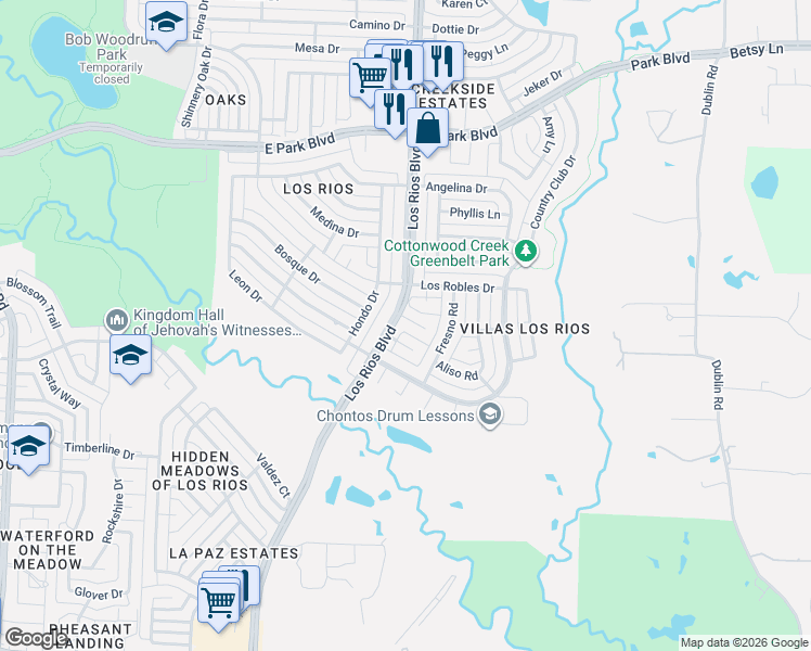 map of restaurants, bars, coffee shops, grocery stores, and more near 4205 San Saba Court in Plano
