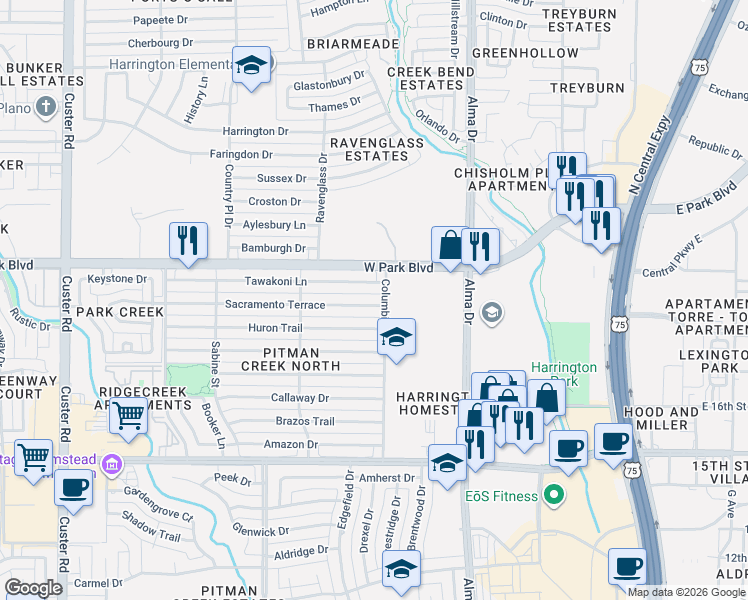 map of restaurants, bars, coffee shops, grocery stores, and more near 1400 Tawakoni Lane in Plano