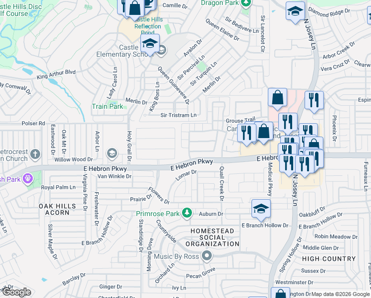 map of restaurants, bars, coffee shops, grocery stores, and more near 1600 Falconet Court in Carrollton