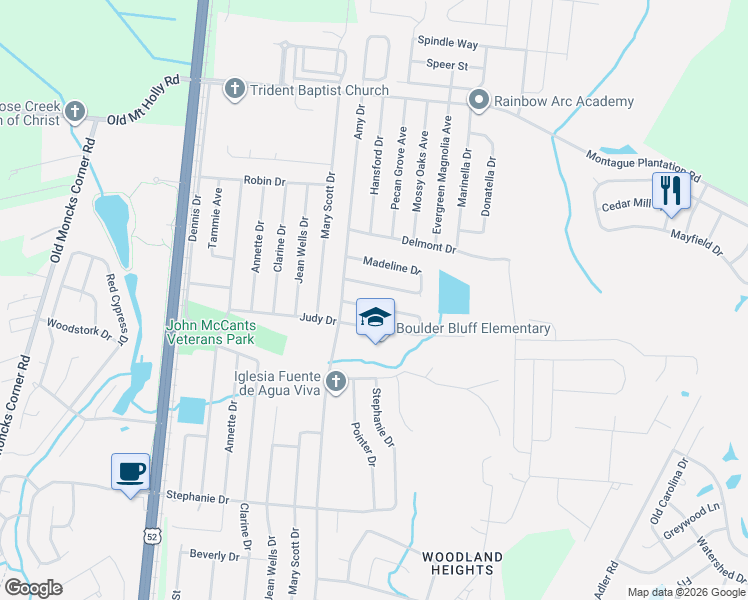 map of restaurants, bars, coffee shops, grocery stores, and more near 459 Madeline Drive in Goose Creek