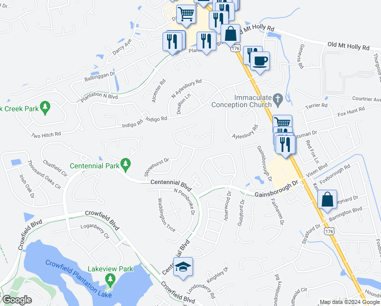 map of restaurants, bars, coffee shops, grocery stores, and more near 125 Lowndes Road in Goose Creek