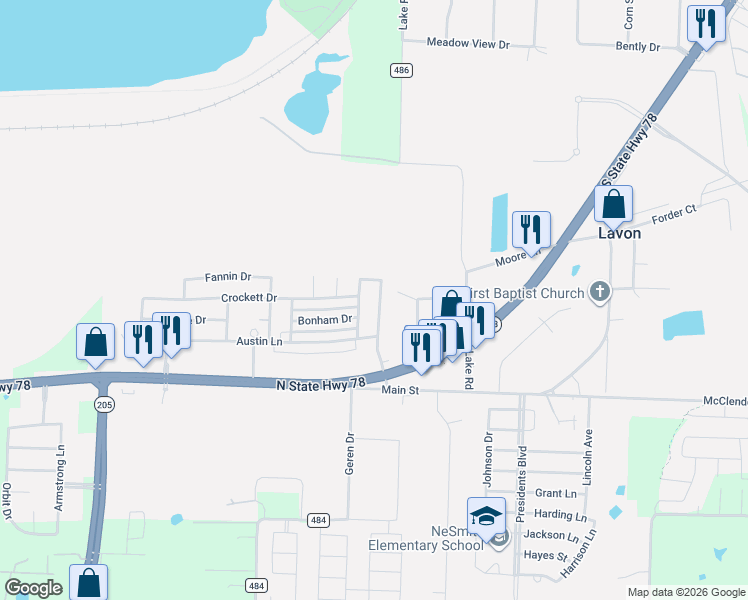 map of restaurants, bars, coffee shops, grocery stores, and more near 300 Burnett Drive in Lavon