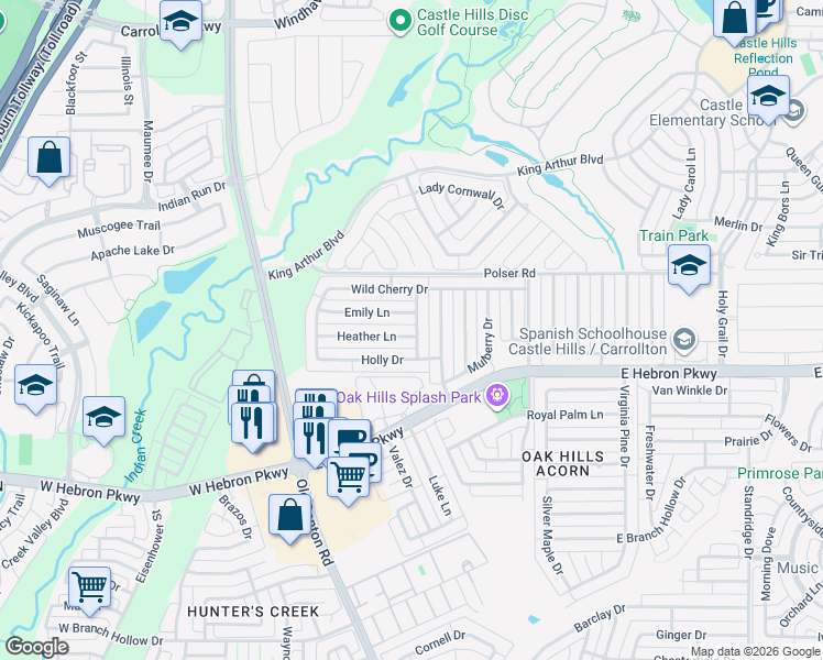 map of restaurants, bars, coffee shops, grocery stores, and more near 1134 Emily Lane in Carrollton