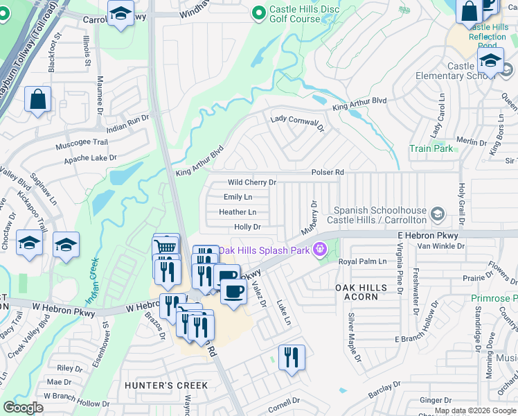 map of restaurants, bars, coffee shops, grocery stores, and more near 1134 Emily Lane in Carrollton