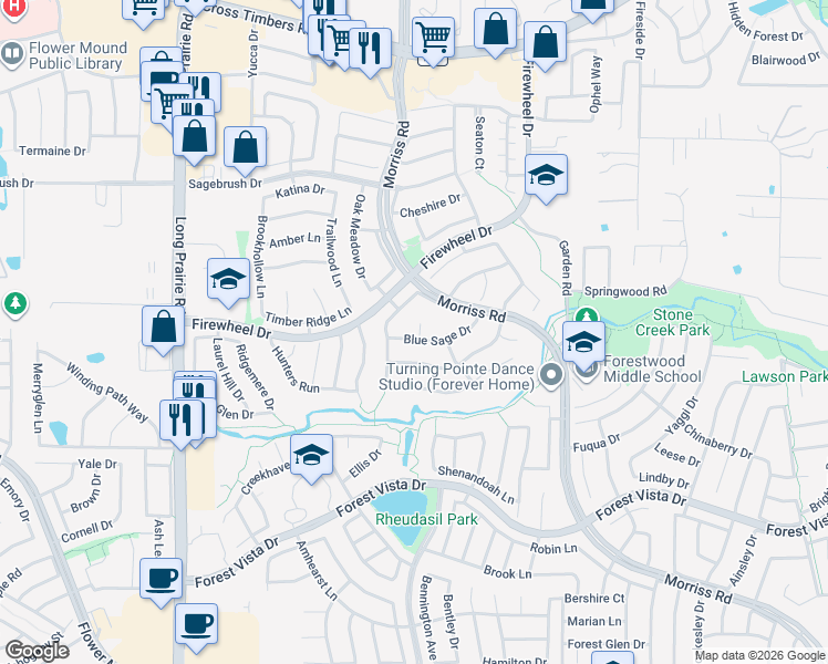 map of restaurants, bars, coffee shops, grocery stores, and more near 2912 Blue Sage Court in Lewisville