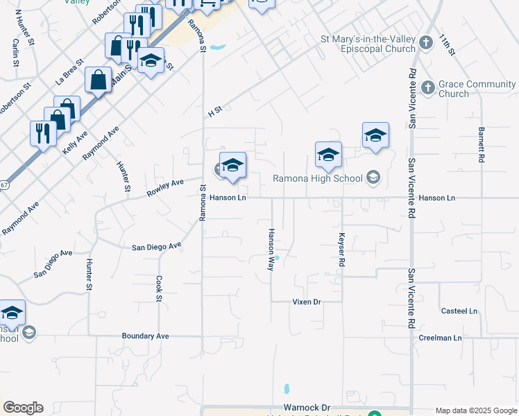 map of restaurants, bars, coffee shops, grocery stores, and more near 1718 Hanson Lane in Ramona