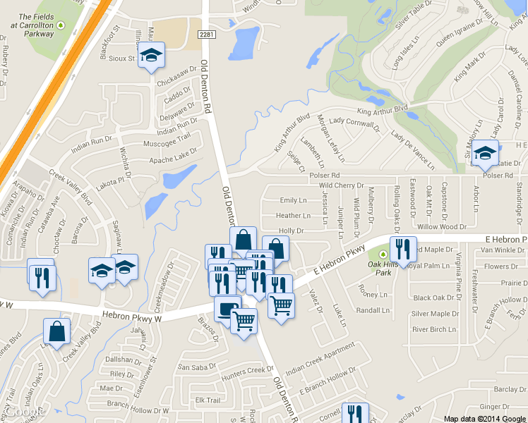 map of restaurants, bars, coffee shops, grocery stores, and more near 1101 Heather Lane in Carrollton