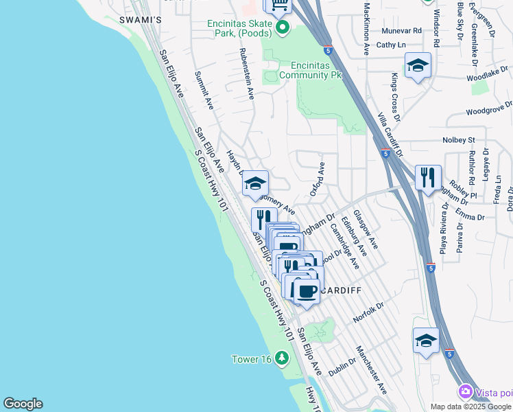 map of restaurants, bars, coffee shops, grocery stores, and more near 1888 Montgomery Avenue in Encinitas