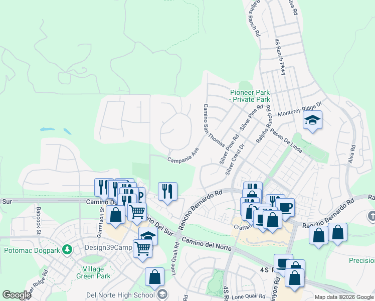 map of restaurants, bars, coffee shops, grocery stores, and more near 17029 Circle Santa Fe Lane in San Diego