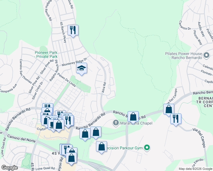 map of restaurants, bars, coffee shops, grocery stores, and more near 17161 Alva Road in San Diego