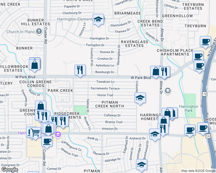 map of restaurants, bars, coffee shops, grocery stores, and more near 1612 Tawakoni Lane in Plano
