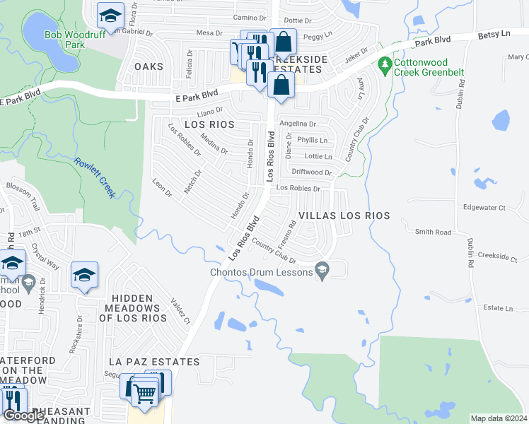 map of restaurants, bars, coffee shops, grocery stores, and more near 4200 San Saba Court in Plano