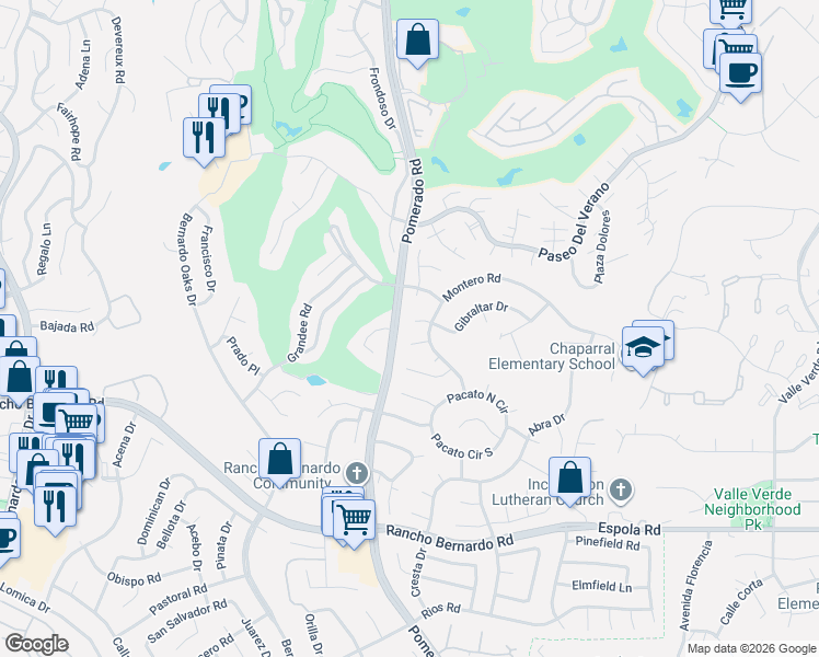 map of restaurants, bars, coffee shops, grocery stores, and more near 12563 Parma Court in San Diego