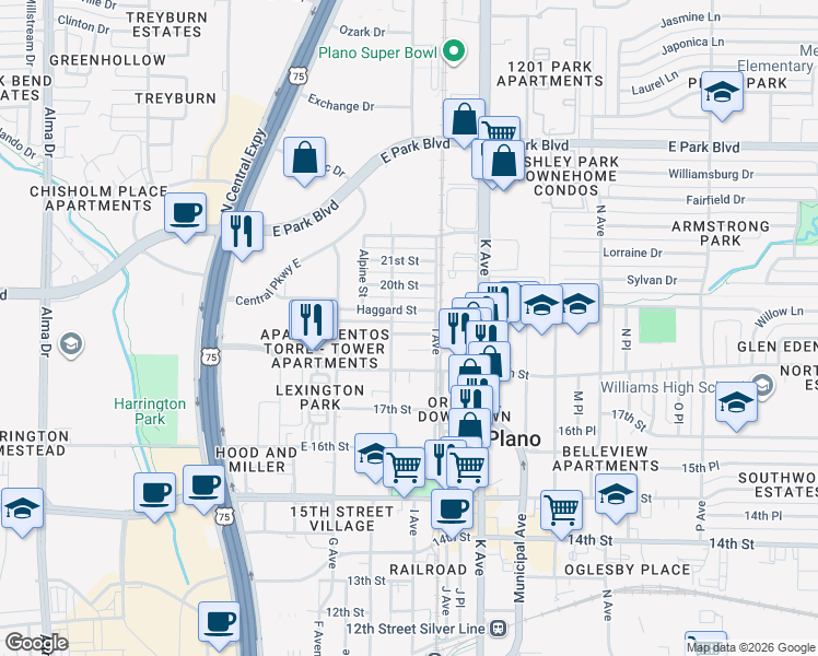 map of restaurants, bars, coffee shops, grocery stores, and more near 906 Haggard Street in Plano