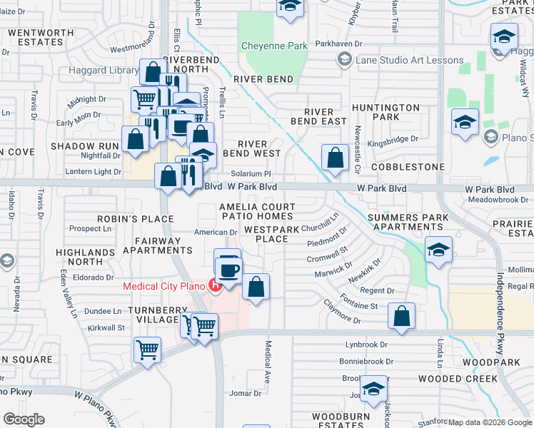 map of restaurants, bars, coffee shops, grocery stores, and more near 3701-3799 Marlborough Ct in Plano