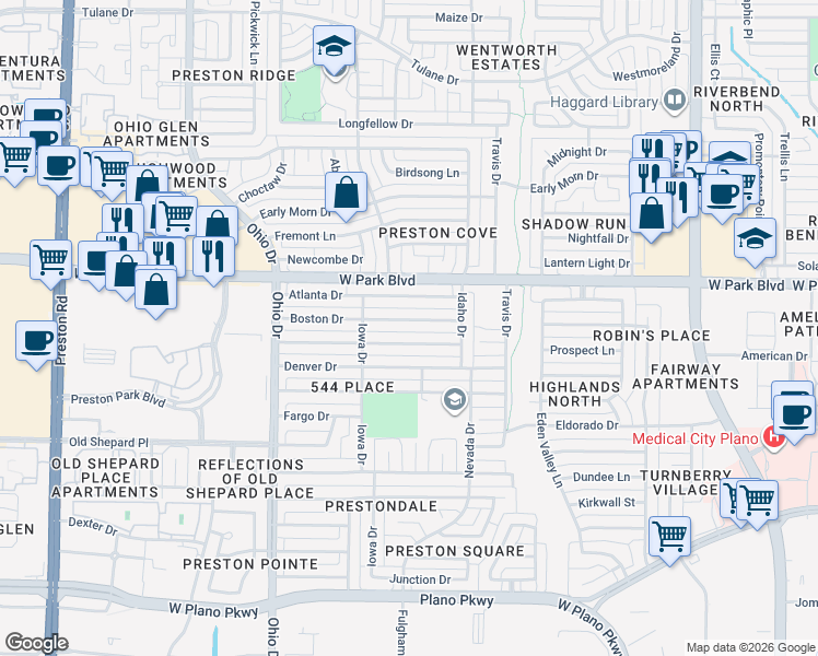map of restaurants, bars, coffee shops, grocery stores, and more near 4436 Boston Drive in Plano