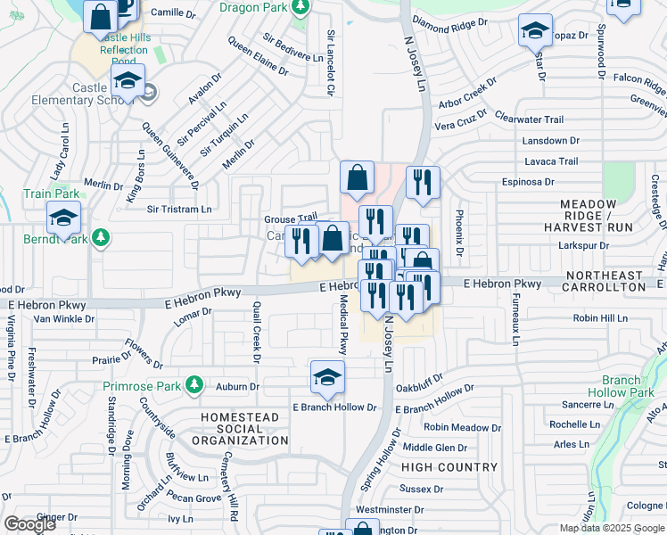 map of restaurants, bars, coffee shops, grocery stores, and more near 1757 East Hebron Parkway in Carrollton
