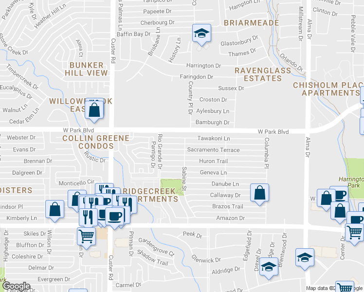 map of restaurants, bars, coffee shops, grocery stores, and more near 1801 Sacramento Terrace in Plano