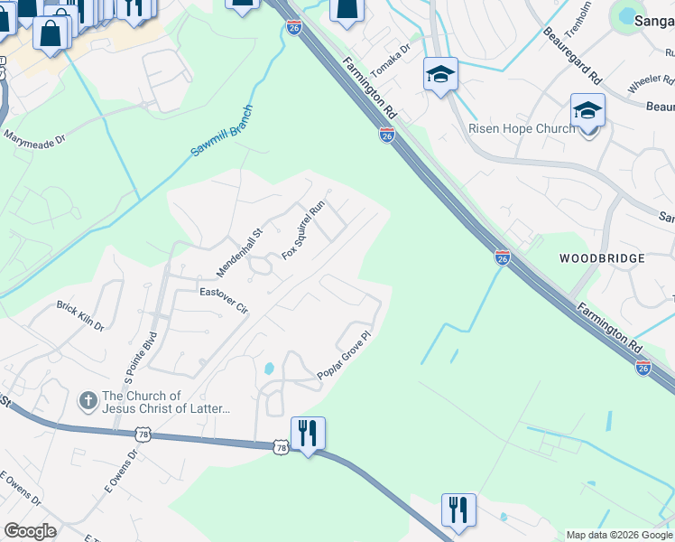 map of restaurants, bars, coffee shops, grocery stores, and more near 2606 Poplar Grove Place in Summerville