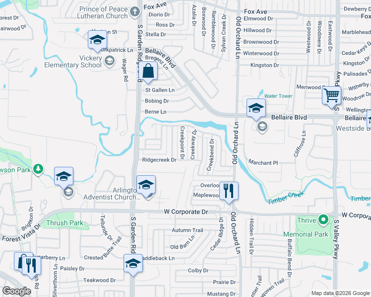 map of restaurants, bars, coffee shops, grocery stores, and more near 1721 Creekpoint Drive in Lewisville