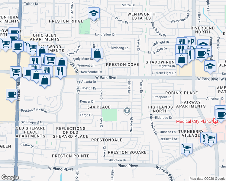 map of restaurants, bars, coffee shops, grocery stores, and more near 4436 Boston Drive in Plano