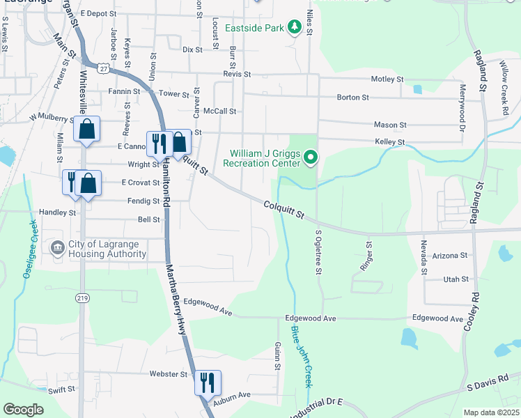 map of restaurants, bars, coffee shops, grocery stores, and more near 510 Colquitt Street in LaGrange