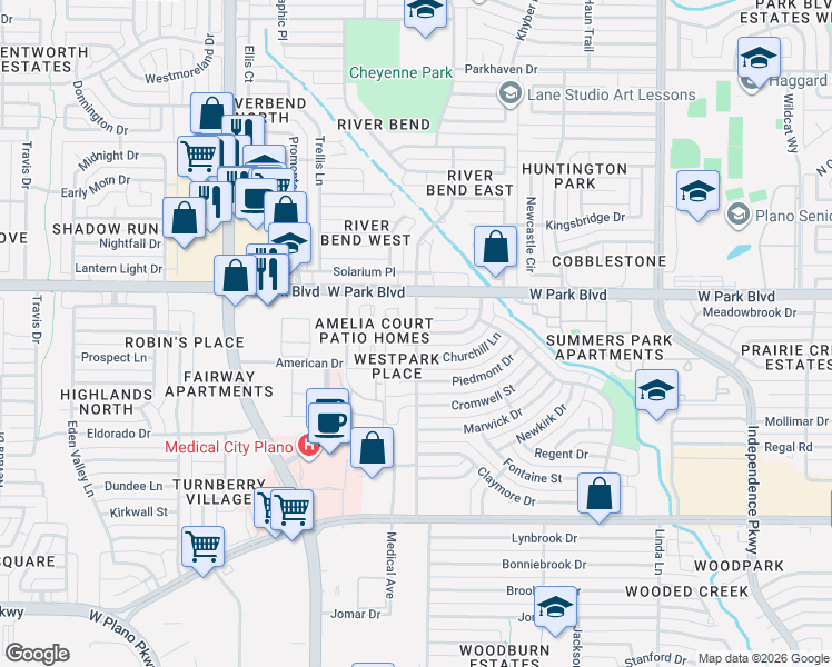 map of restaurants, bars, coffee shops, grocery stores, and more near 3701 Marlborough Court in Plano