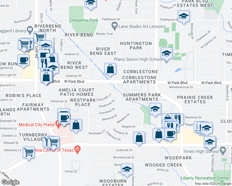 map of restaurants, bars, coffee shops, grocery stores, and more near 1822 Silverwood Lane in Plano