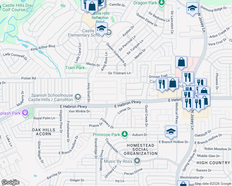 map of restaurants, bars, coffee shops, grocery stores, and more near 2533 Hunters Boulevard in Lewisville