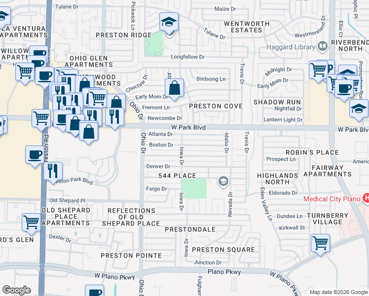 map of restaurants, bars, coffee shops, grocery stores, and more near 4460 Boston Drive in Plano