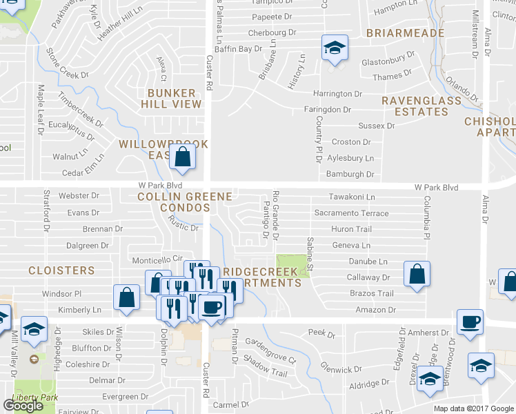 map of restaurants, bars, coffee shops, grocery stores, and more near 1921 Templehill Drive in Plano