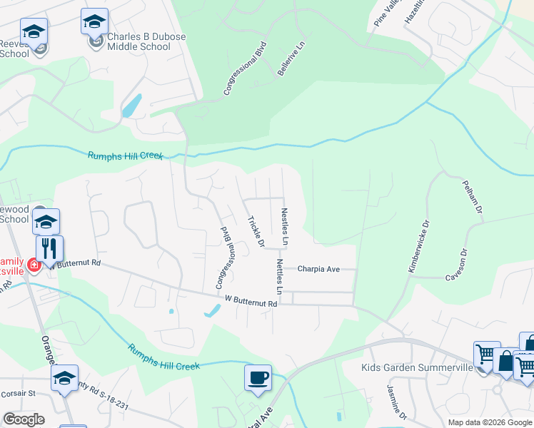 map of restaurants, bars, coffee shops, grocery stores, and more near 206 Bainsbury Lane in Summerville