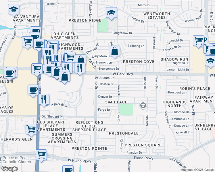 map of restaurants, bars, coffee shops, grocery stores, and more near 4520 Boston Drive in Plano
