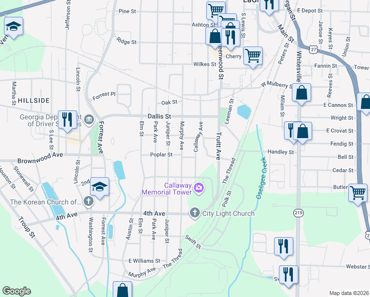 map of restaurants, bars, coffee shops, grocery stores, and more near 907 Murphy Avenue in LaGrange